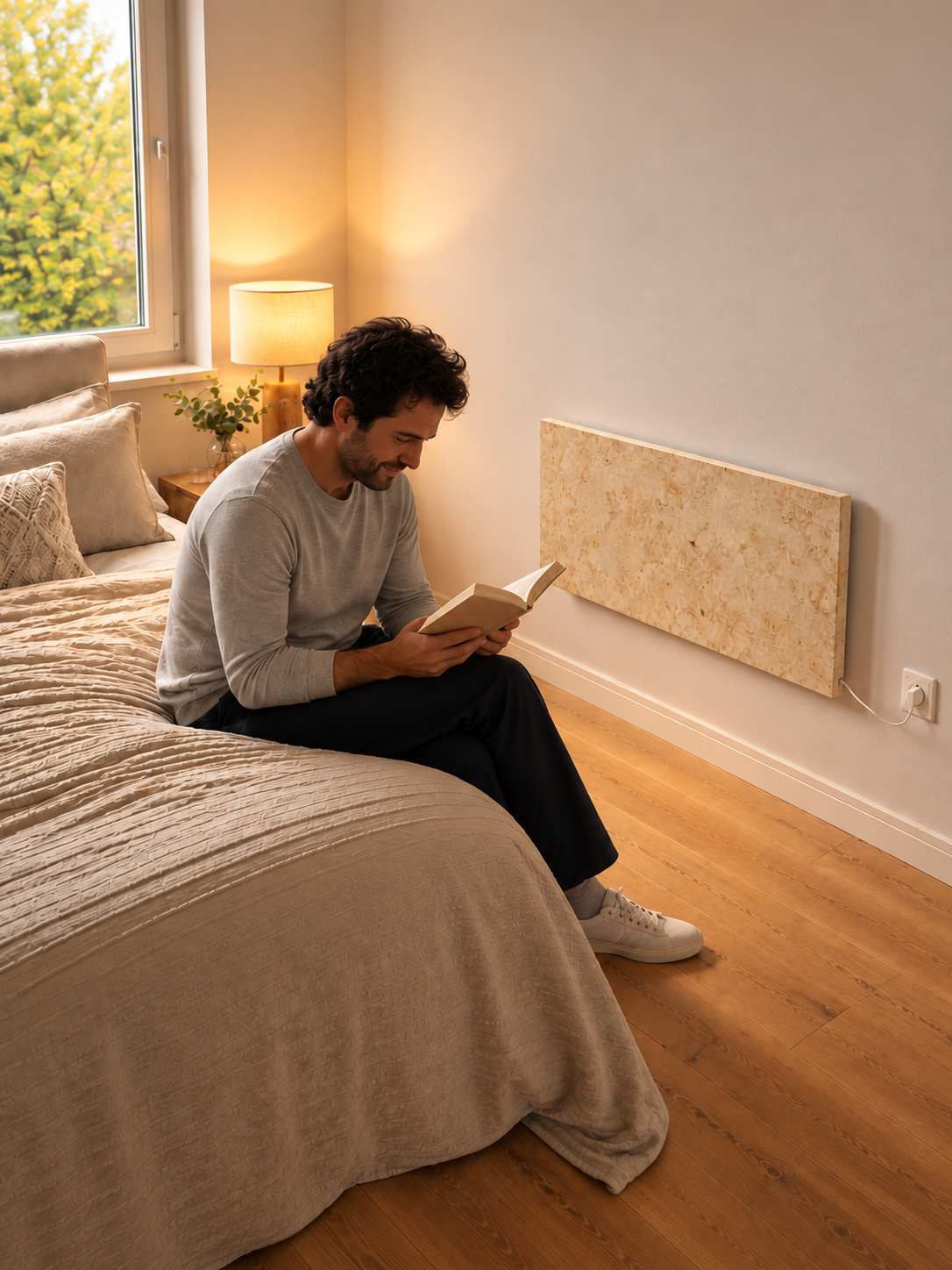 Infrarotheizung im Schlafzimmer – Marwona Naturstein-Panel an der Wand neben dem Bett