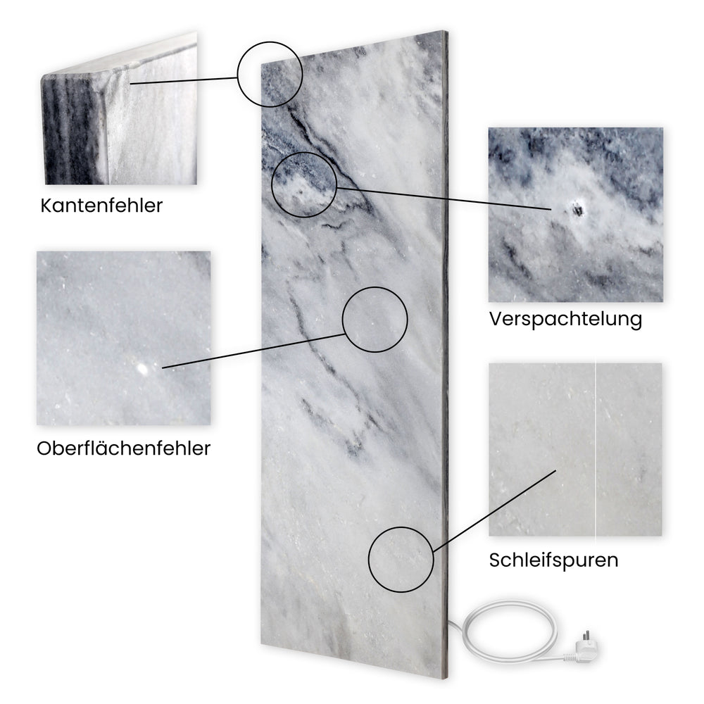 Marwona B-Ware Carrara Marmor B-800 Beispiele - Kantenfehler, Verspachtelung, Oberflächenfehler, Schleifspur